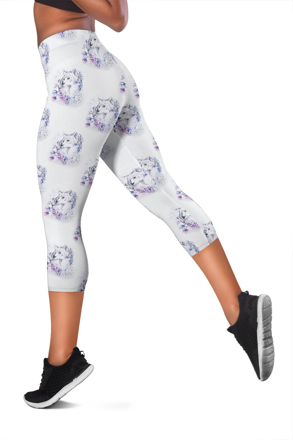 Wolf with Flower Print Design Women Capris