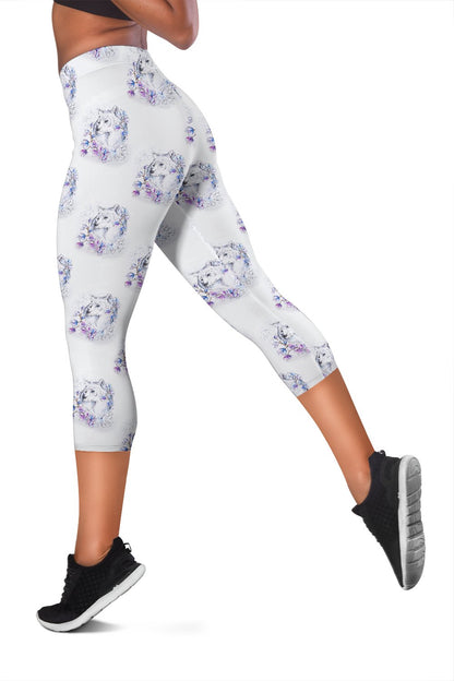 Wolf with Flower Print Design Women Capris