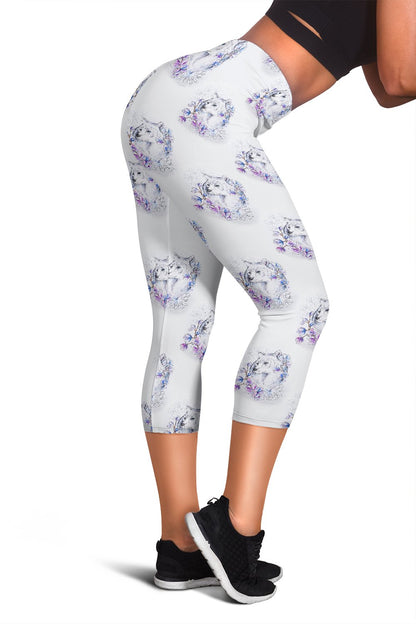 Wolf with Flower Print Design Women Capris