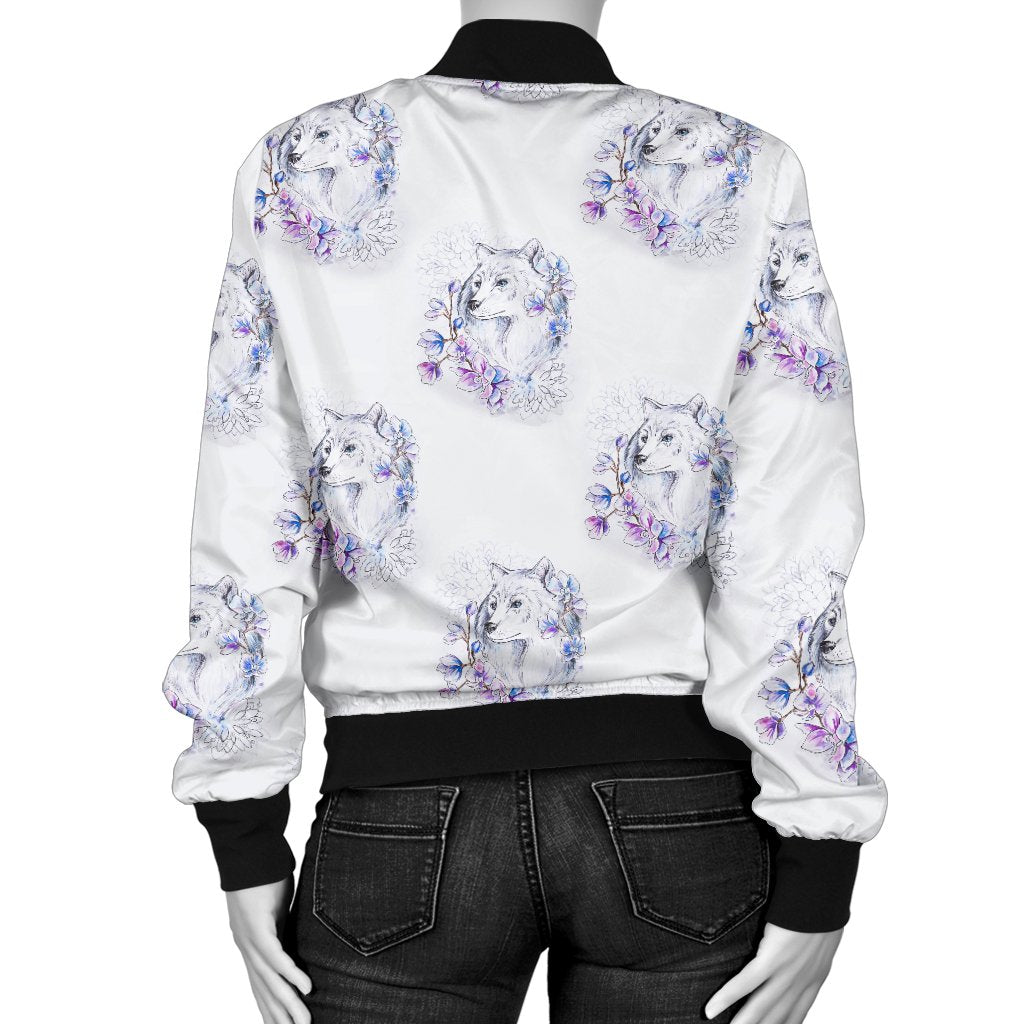 Wolf With Flower Print Design Women Casual Bomber Jacket