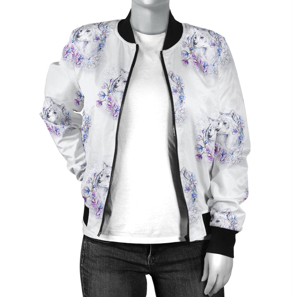 Wolf With Flower Print Design Women Casual Bomber Jacket