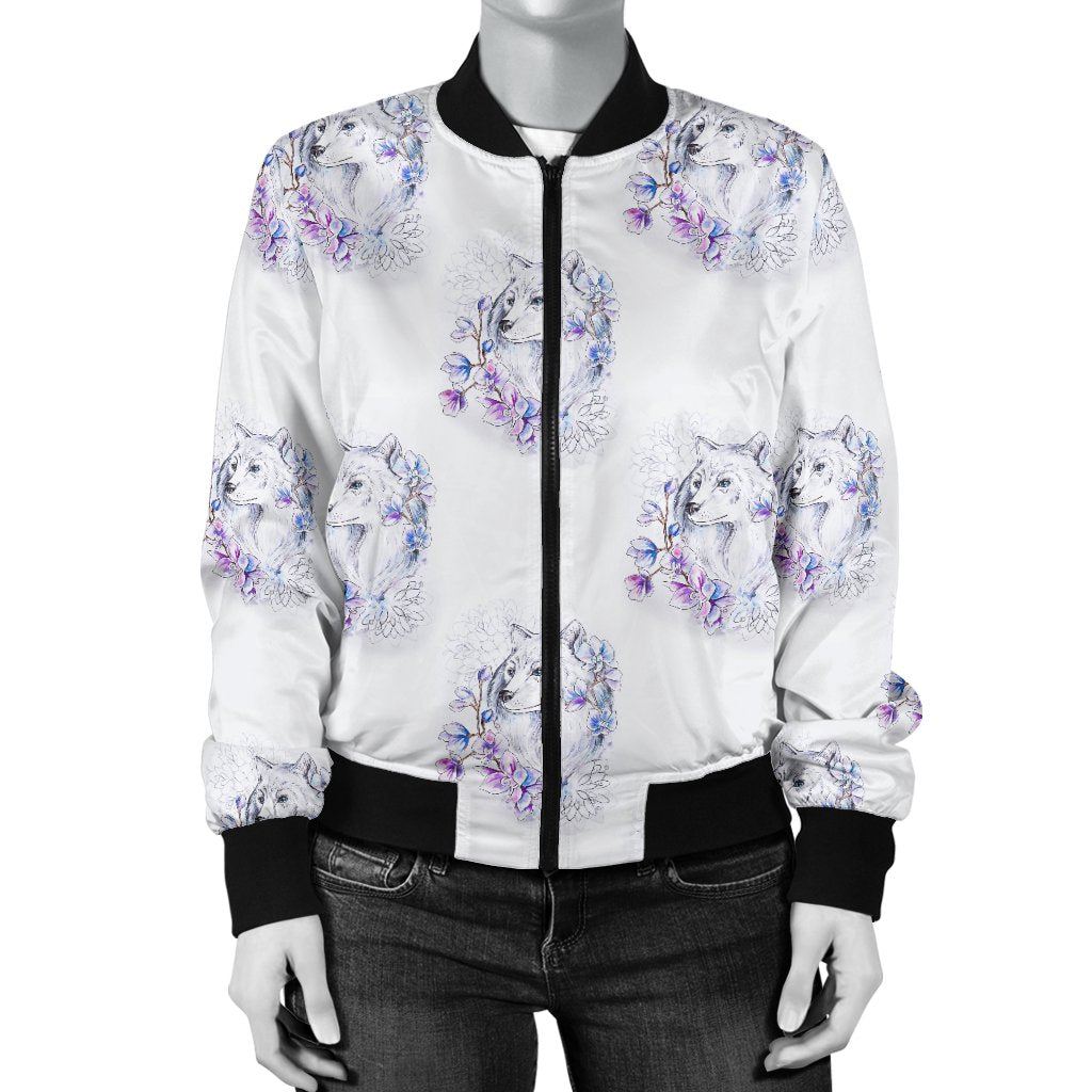 Wolf With Flower Print Design Women Casual Bomber Jacket