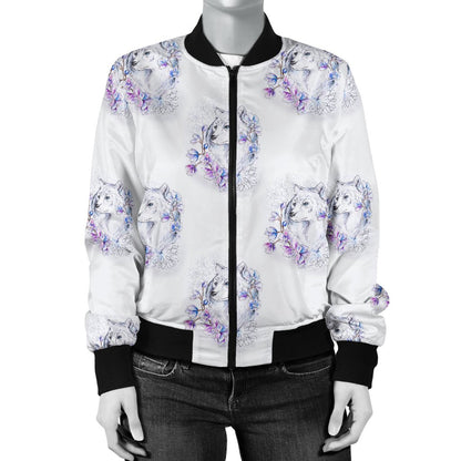 Wolf With Flower Print Design Women Casual Bomber Jacket
