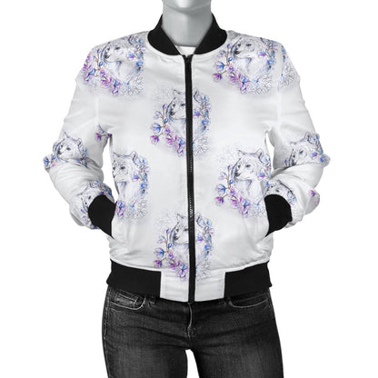Wolf With Flower Print Design Women Casual Bomber Jacket