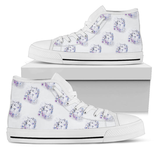 Wolf with Flower Print Design Women High Top Shoes