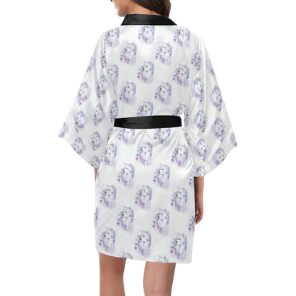 Wolf with Flower Print Design Women Short Kimono Robe