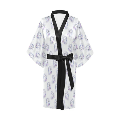 Wolf with Flower Print Design Women Short Kimono Robe