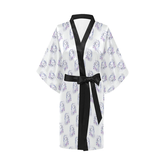 Wolf with Flower Print Design Women Short Kimono Robe