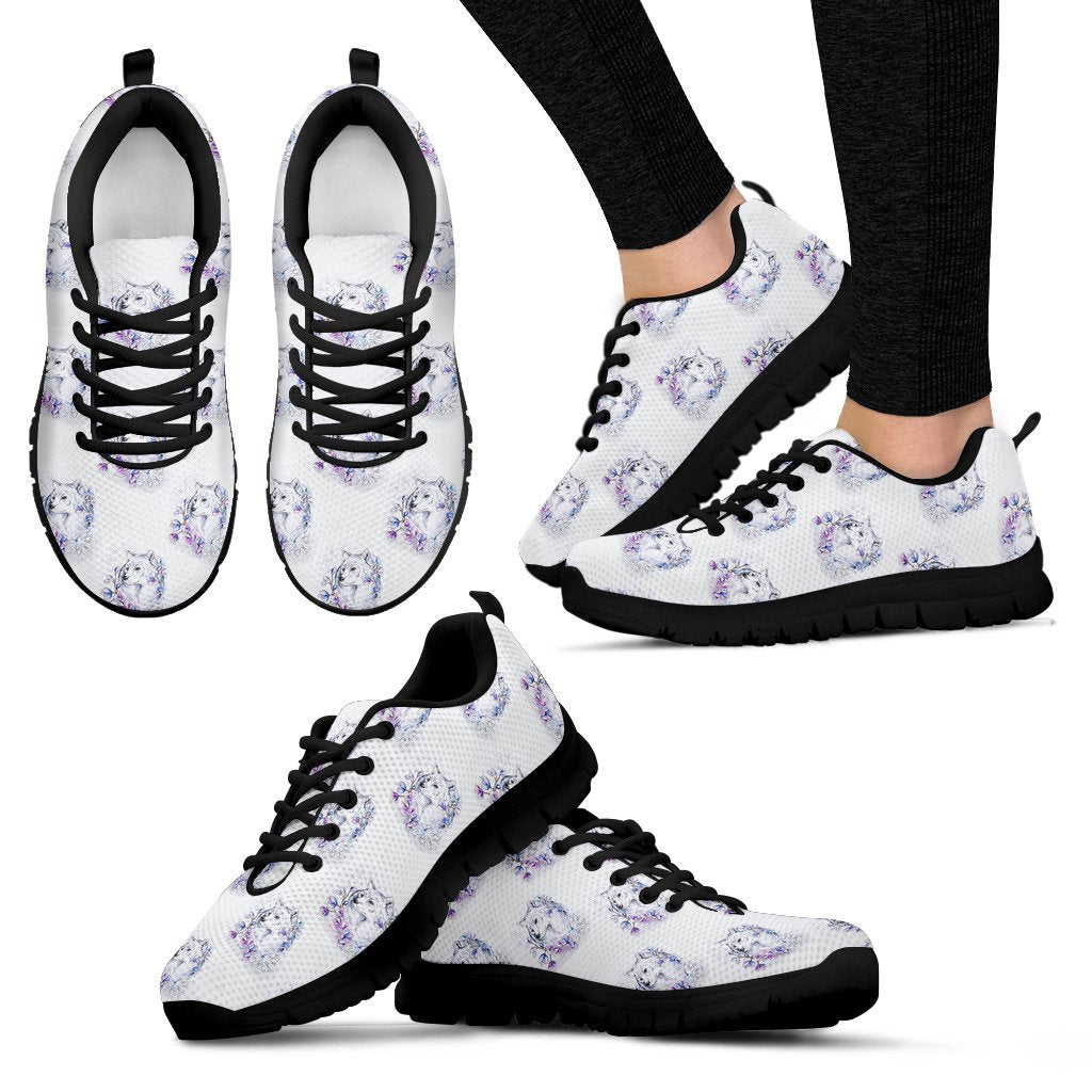 Wolf With Flower Print Design Women Sneakers Shoes