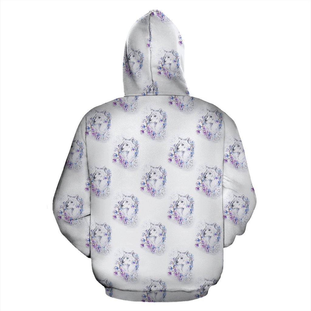 Wolf with Flower Print Design Zip Up Hoodie