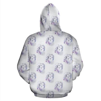 Wolf with Flower Print Design Zip Up Hoodie