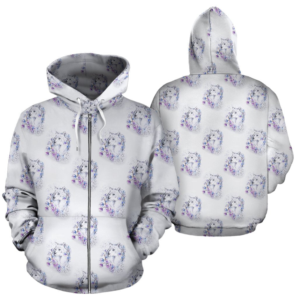 Wolf with Flower Print Design Zip Up Hoodie