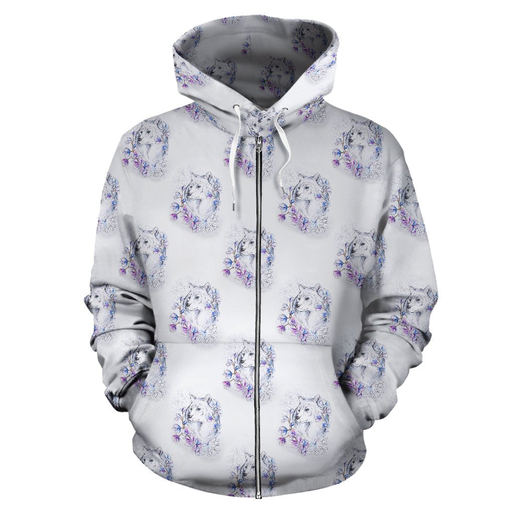 Wolf with Flower Print Design Zip Up Hoodie