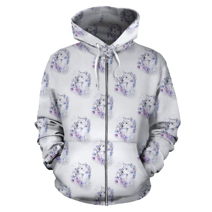 Wolf with Flower Print Design Zip Up Hoodie
