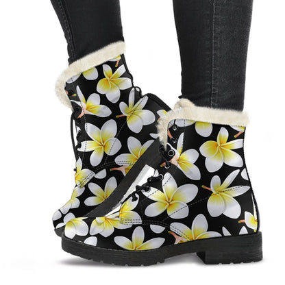 Yellow Plumeria Hawaiian Flowers Faux Fur Leather Boots-JTAMIGO.COM