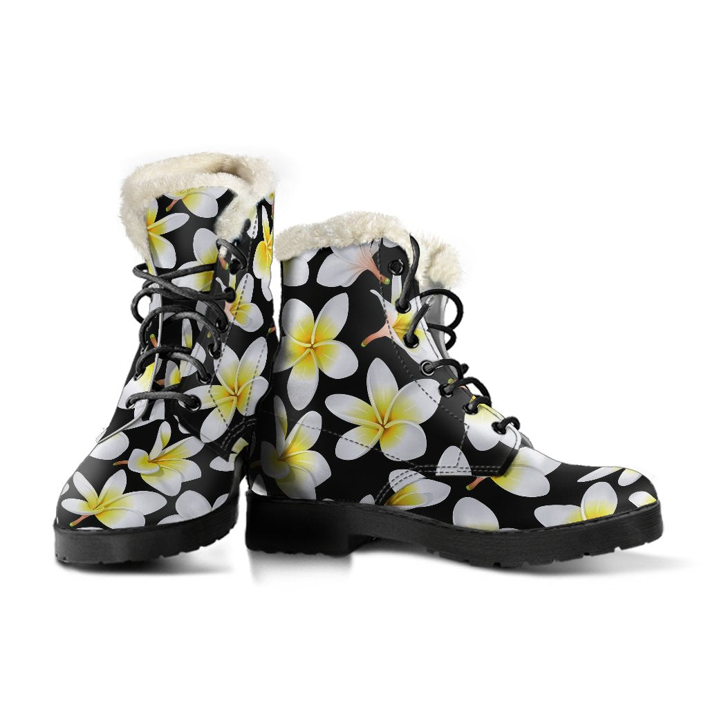 Yellow Plumeria Hawaiian Flowers Faux Fur Leather Boots-JTAMIGO.COM