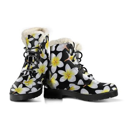 Yellow Plumeria Hawaiian Flowers Faux Fur Leather Boots-JTAMIGO.COM