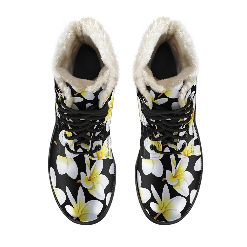 Yellow Plumeria Hawaiian Flowers Faux Fur Leather Boots-JTAMIGO.COM