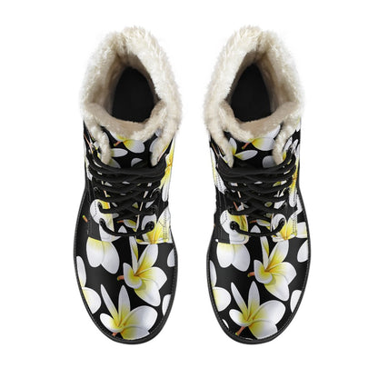 Yellow Plumeria Hawaiian Flowers Faux Fur Leather Boots-JTAMIGO.COM