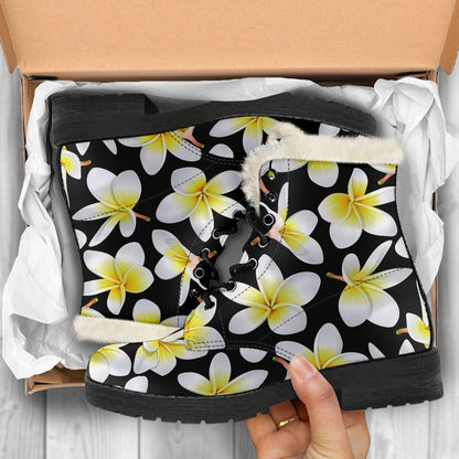 Yellow Plumeria Hawaiian Flowers Faux Fur Leather Boots-JTAMIGO.COM