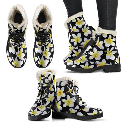 Yellow Plumeria Hawaiian Flowers Faux Fur Leather Boots-JTAMIGO.COM