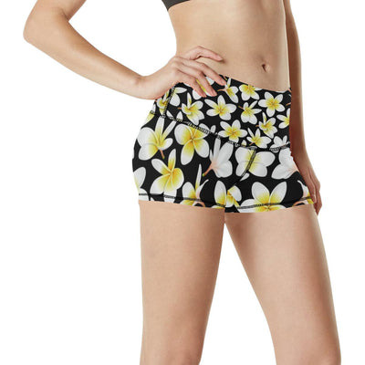 Yellow Plumeria Hawaiian Flowers High Waisted Spandex Shorts-JTAMIGO.COM