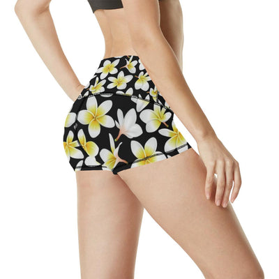 Yellow Plumeria Hawaiian Flowers High Waisted Spandex Shorts-JTAMIGO.COM