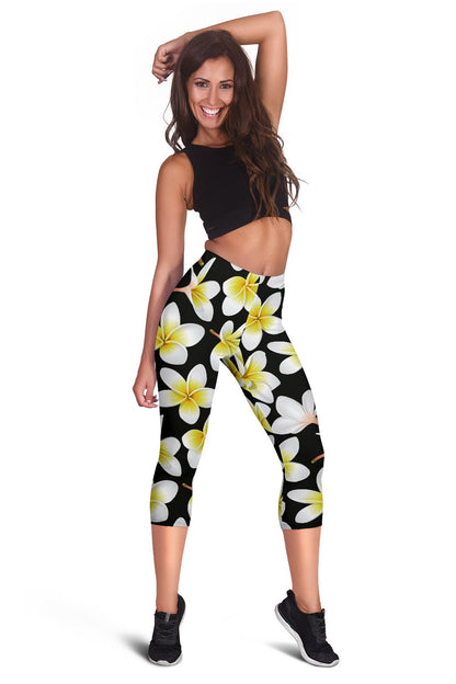 Yellow Plumeria Hawaiian Flowers Women Capris
