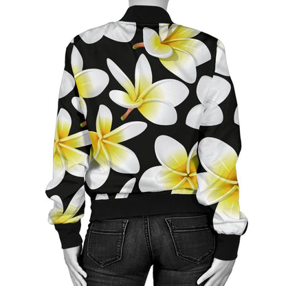Yellow Plumeria Hawaiian Flowers Women Casual Bomber Jacket
