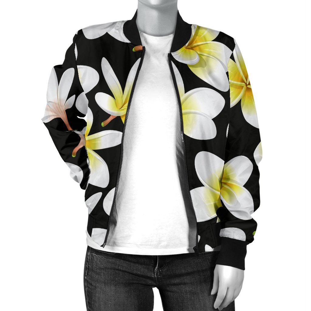 Yellow Plumeria Hawaiian Flowers Women Casual Bomber Jacket