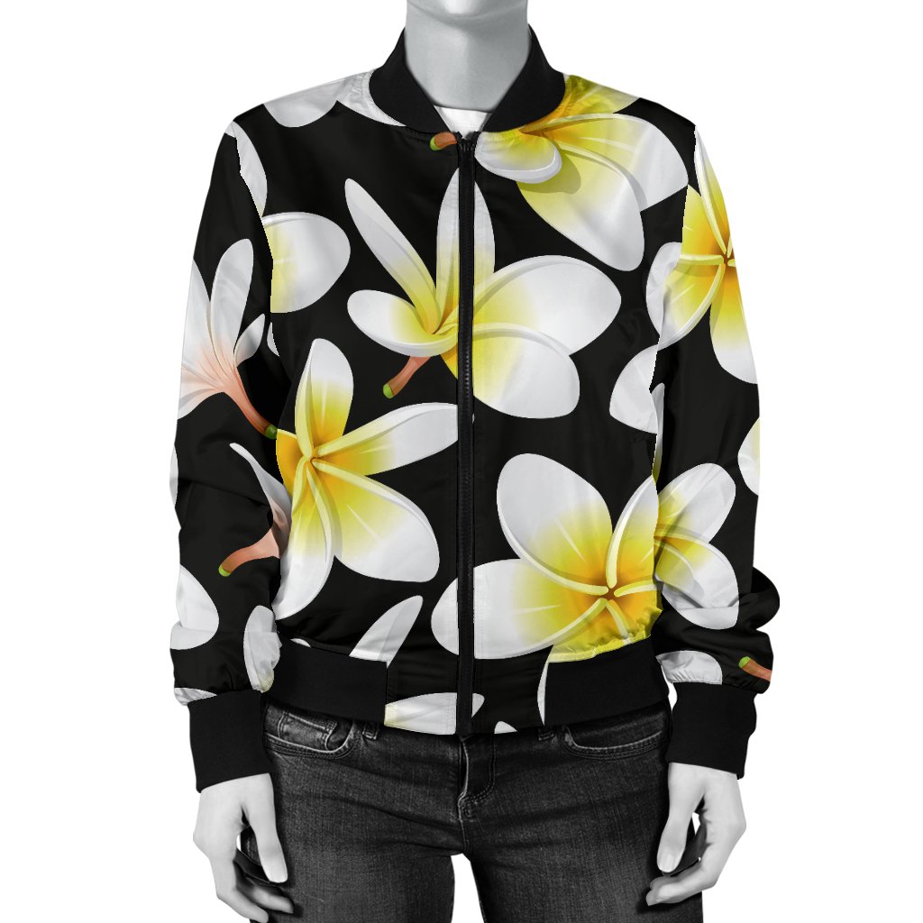 Yellow Plumeria Hawaiian Flowers Women Casual Bomber Jacket