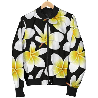Yellow Plumeria Hawaiian Flowers Women Casual Bomber Jacket