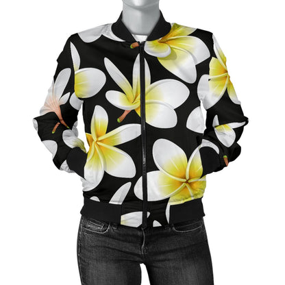 Yellow Plumeria Hawaiian Flowers Women Casual Bomber Jacket