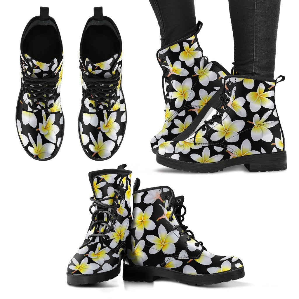 Yellow Plumeria Hawaiian Flowers Women Leather Boots-JTAMIGO.COM