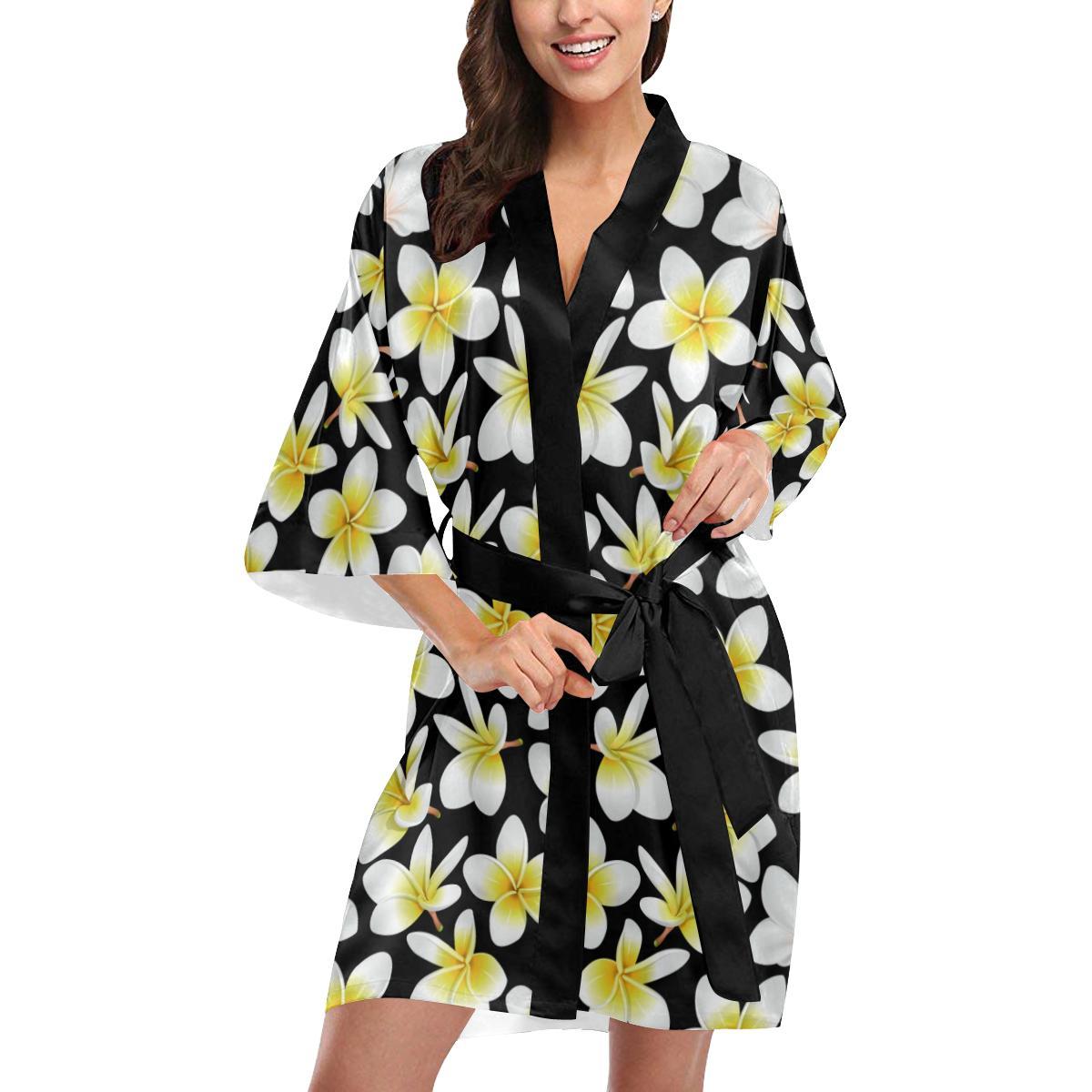Yellow Plumeria Hawaiian Flowers Women Short Kimono Robe