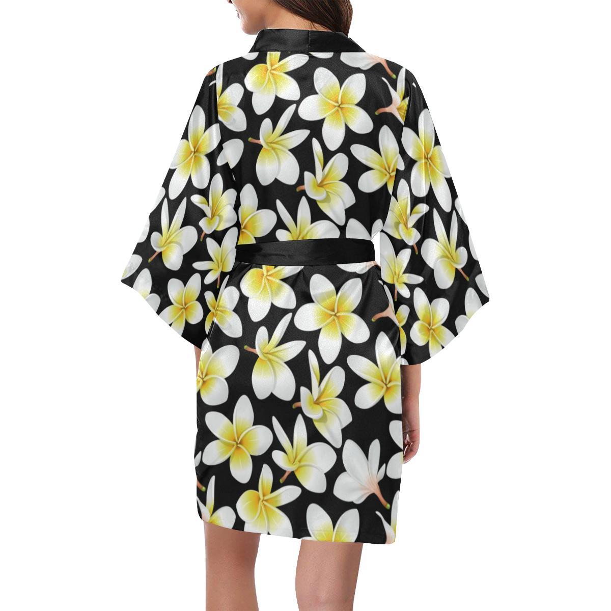 Yellow Plumeria Hawaiian Flowers Women Short Kimono Robe