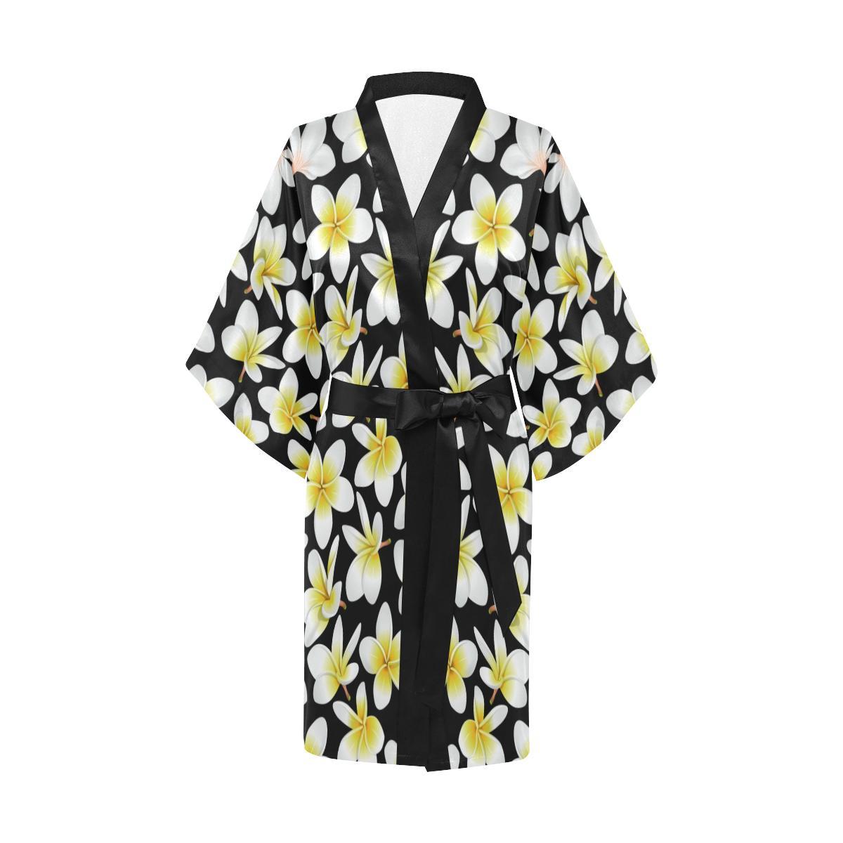 Yellow Plumeria Hawaiian Flowers Women Short Kimono Robe