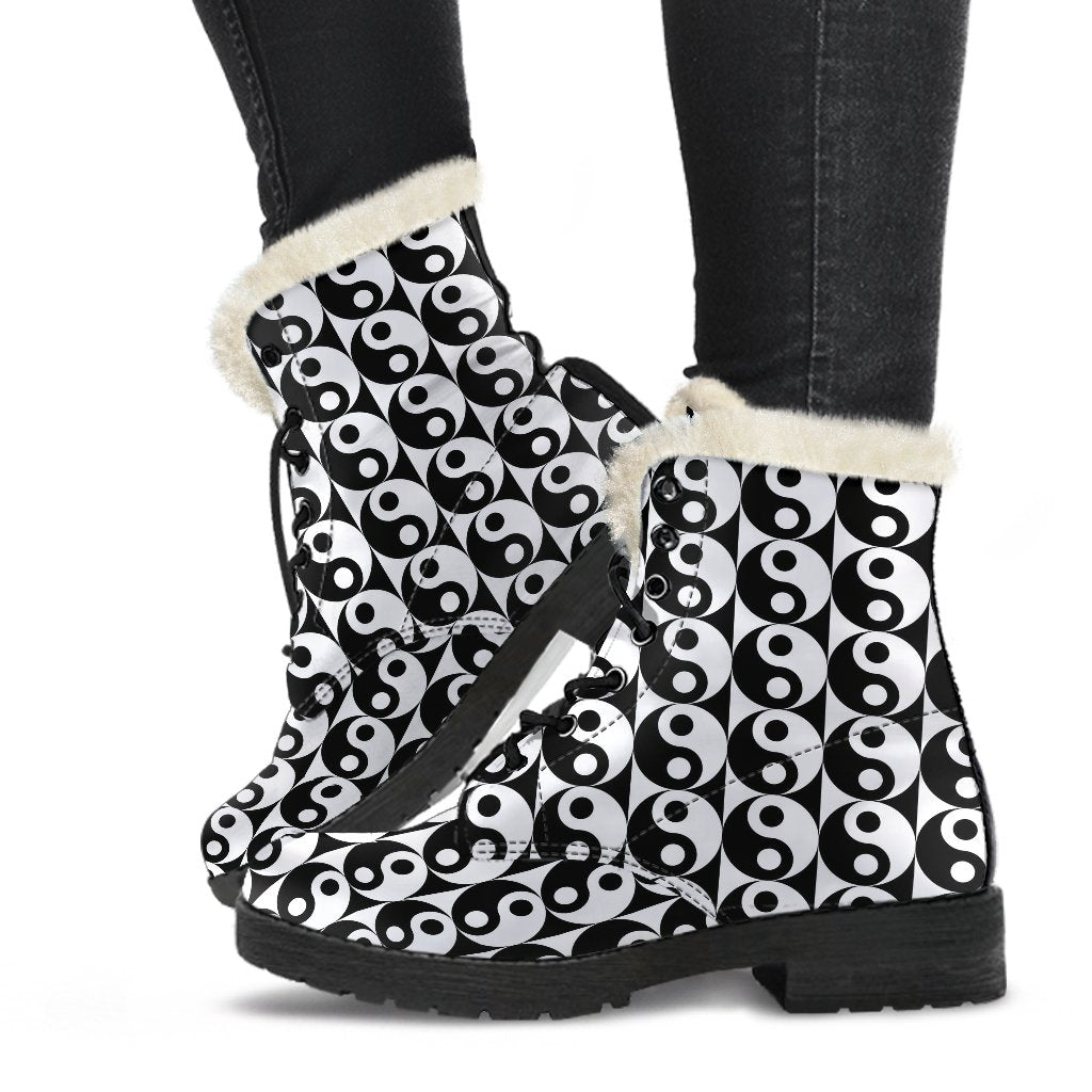Yin Yang Classic Pattern Design Print Faux Fur Leather Boots-JTAMIGO.COM
