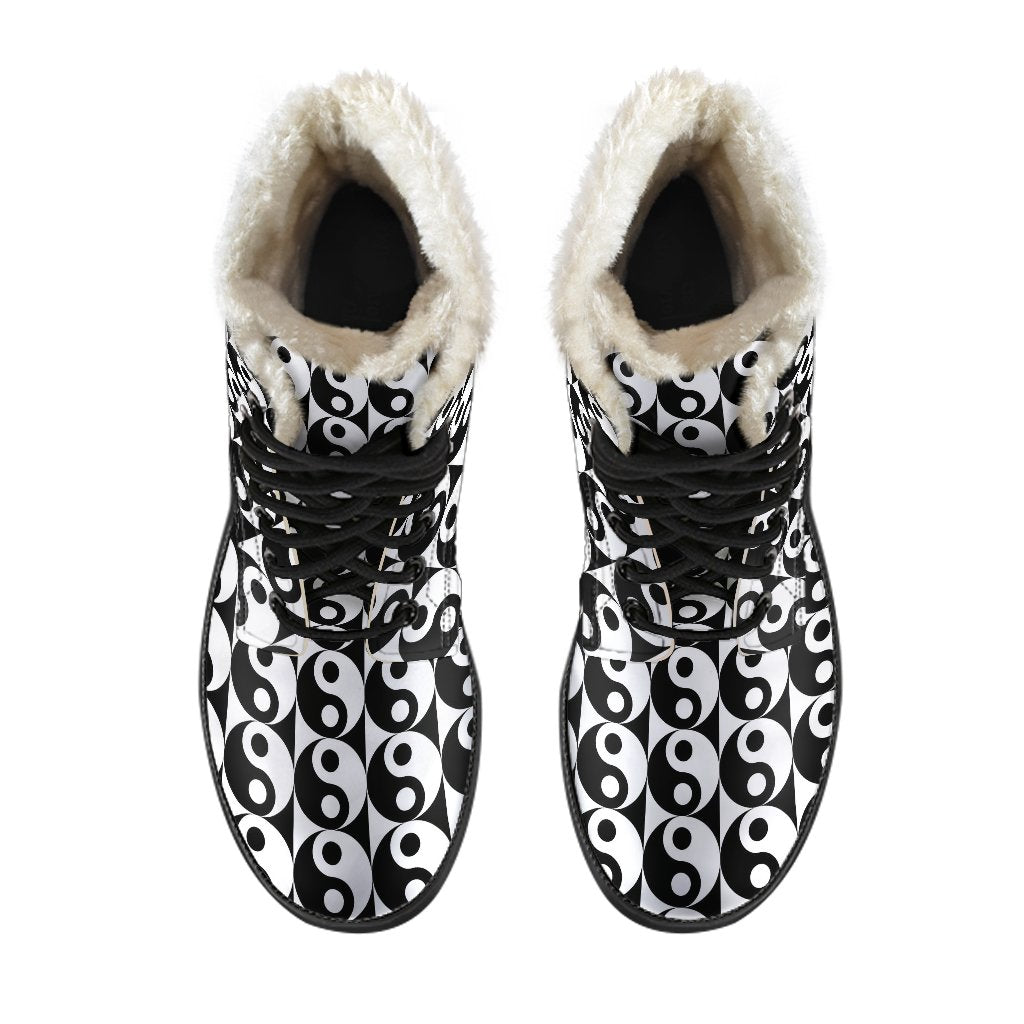 Yin Yang Classic Pattern Design Print Faux Fur Leather Boots-JTAMIGO.COM