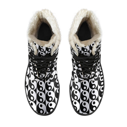 Yin Yang Classic Pattern Design Print Faux Fur Leather Boots-JTAMIGO.COM