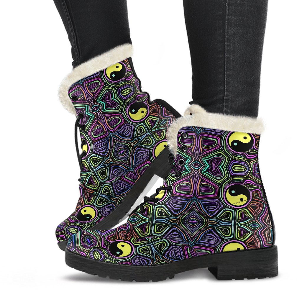 Yin Yang Neon Color Design Print Faux Fur Leather Boots-JTAMIGO.COM