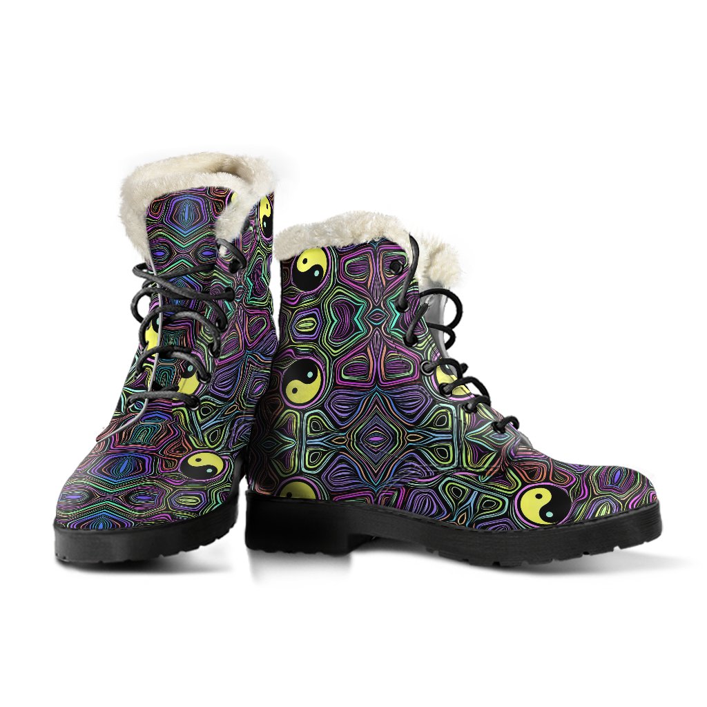 Yin Yang Neon Color Design Print Faux Fur Leather Boots-JTAMIGO.COM