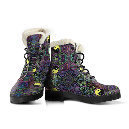 Yin Yang Neon Color Design Print Faux Fur Leather Boots-JTAMIGO.COM