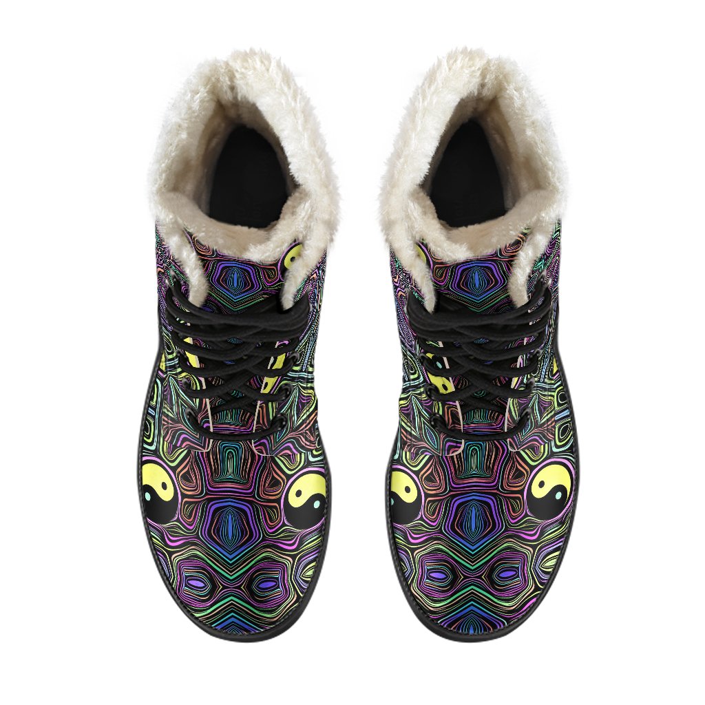 Yin Yang Neon Color Design Print Faux Fur Leather Boots-JTAMIGO.COM