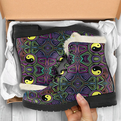 Yin Yang Neon Color Design Print Faux Fur Leather Boots-JTAMIGO.COM