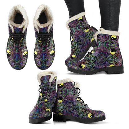 Yin Yang Neon Color Design Print Faux Fur Leather Boots-JTAMIGO.COM