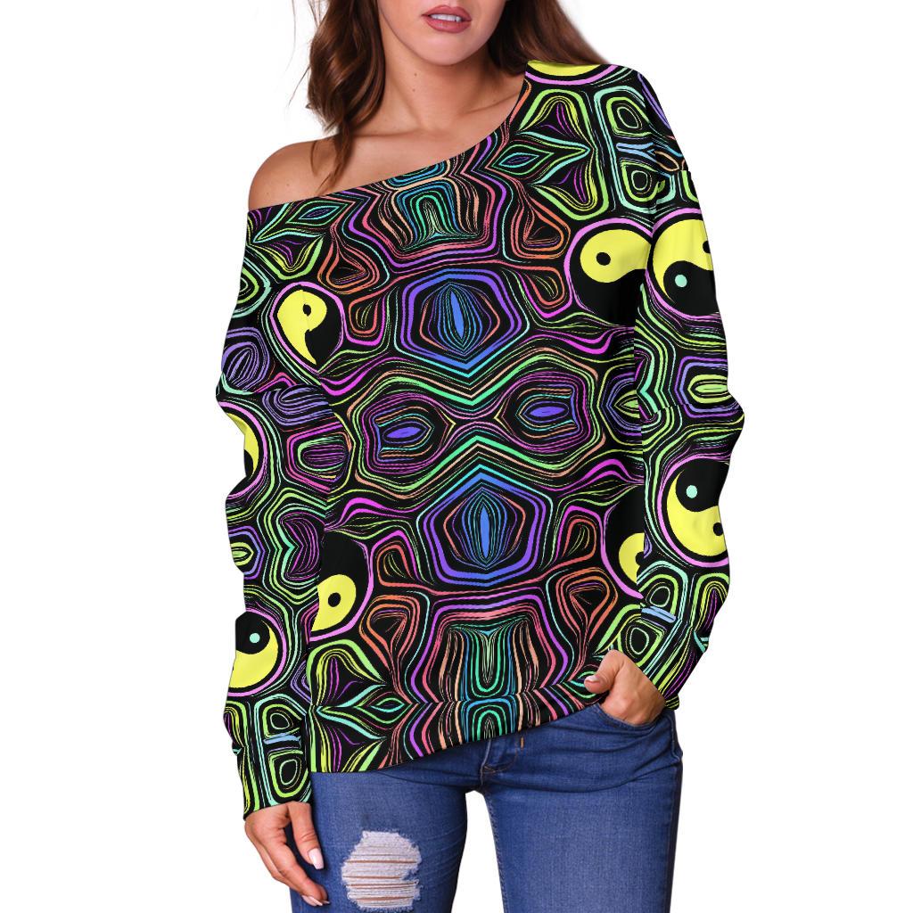 Yin Yang Neon Color Design Print Off Shoulder Sweatshirt