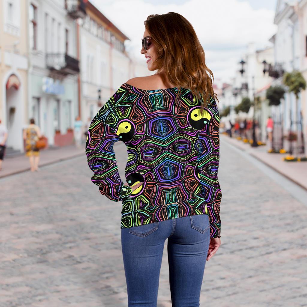 Yin Yang Neon Color Design Print Off Shoulder Sweatshirt