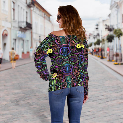 Yin Yang Neon Color Design Print Off Shoulder Sweatshirt