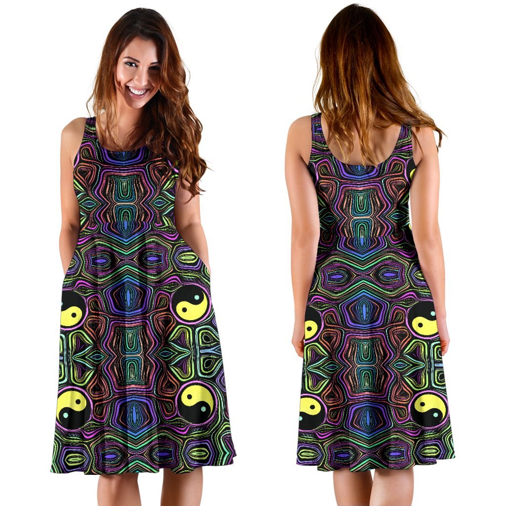 Yin Yang Neon Color Design Print Sleeveless Dress